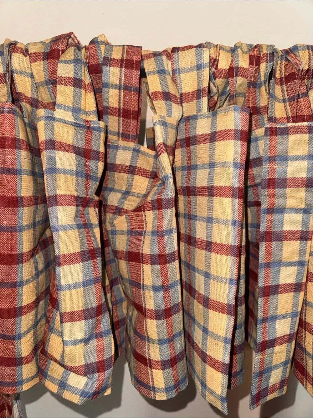 Farmhouse Plaid Curtain Set Panels & Valances Red Blue Tan Country 5 Pc
